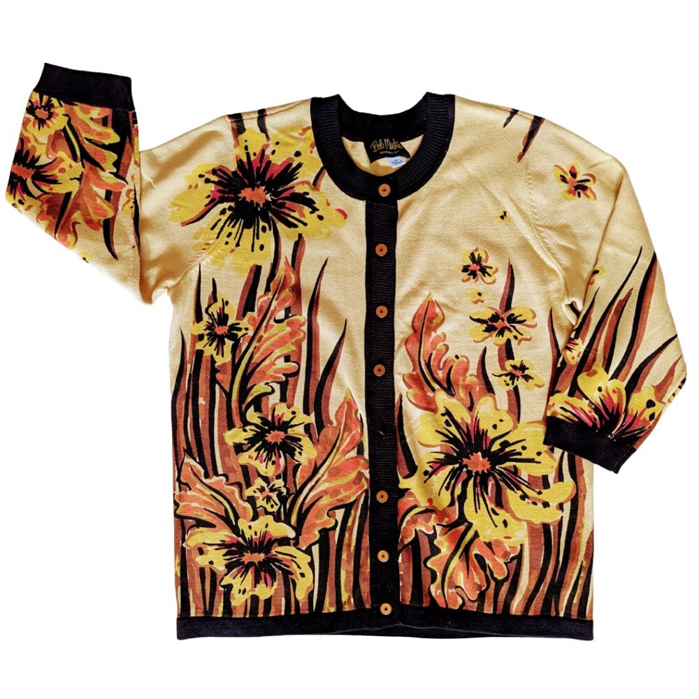Vintage Bob Mackie Wearable Art Cardigan Floral Yellow Orange Gold Black Size S
